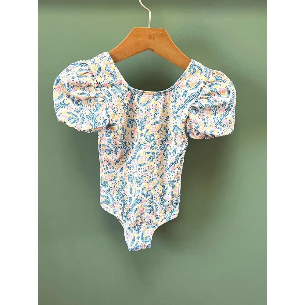 Mini Boden Kids Floral Paisley Puff Sleeve One Piece Swimsuit 3-4Y Ivory Blue